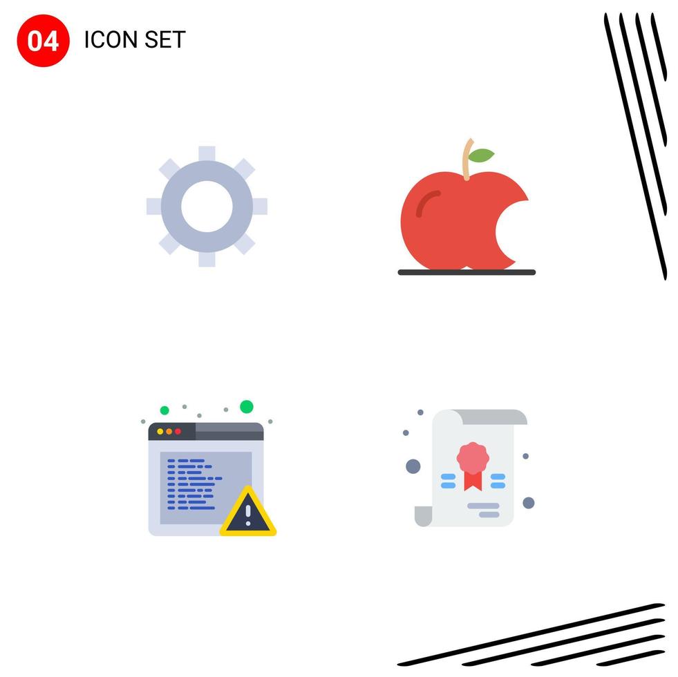 4 ícones planos universais assinam símbolos de certificado de engrenagens, escola de alerta de maçã, elementos de design de vetores editáveis