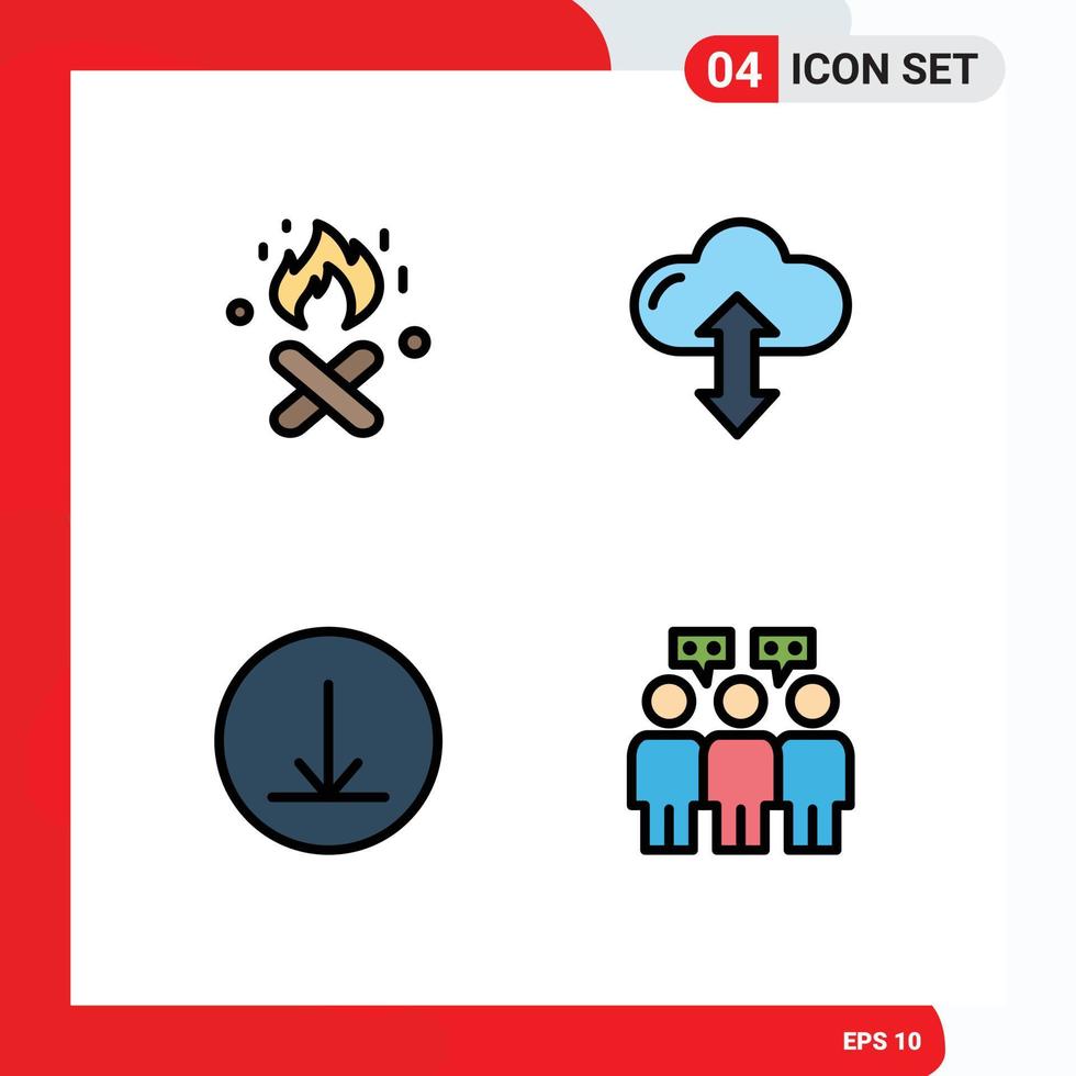 grupo de símbolos de ícone universal de 4 cores planas de linha preenchida modernas de comunicação de fogo nuvem para baixo elementos de design de vetores editáveis de equipe