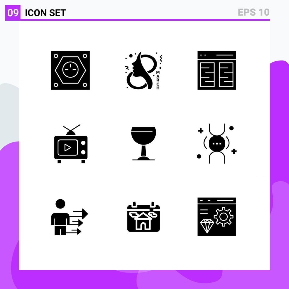 pacote de 9 glifos sólidos criativos de elementos de design de vetores editáveis de conteúdo de usuário de símbolo de play tv