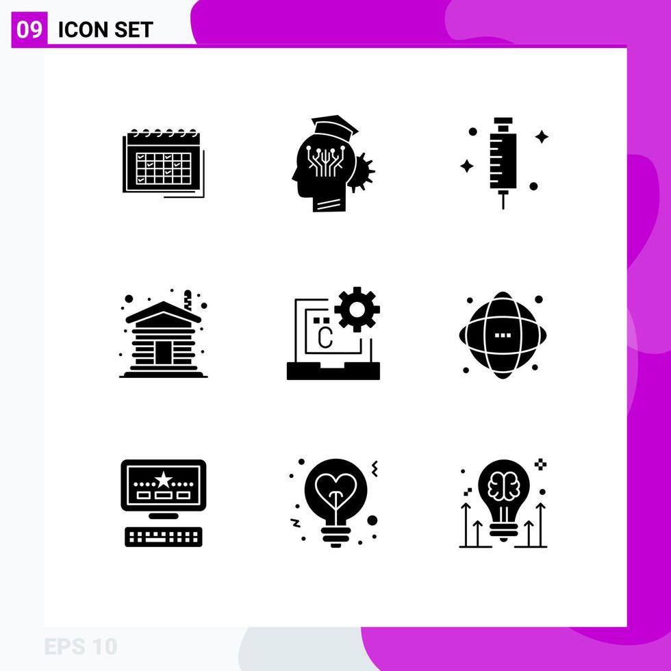 pacote de 9 glifos sólidos criativos de elementos de design de vetores editáveis de gerenciamento de seringa de madeira médico