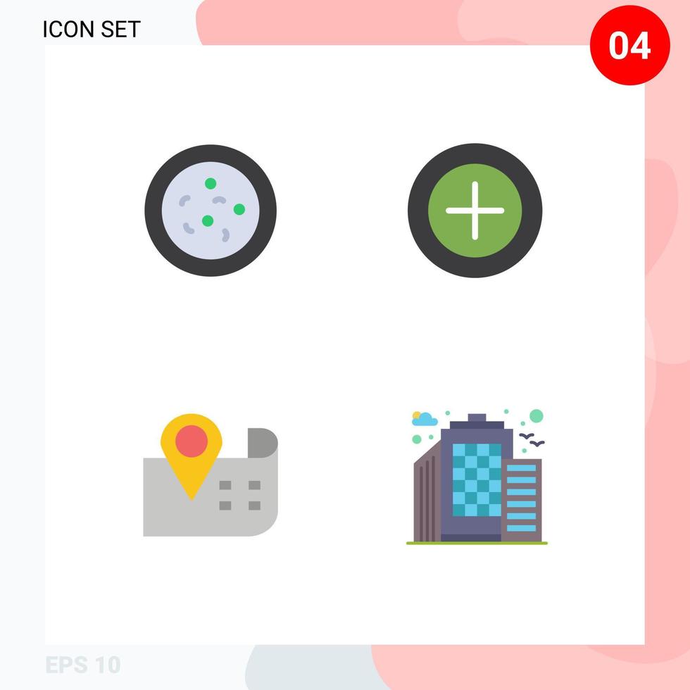 conjunto de ícones planos de interface móvel de 4 pictogramas de navegação de dinheiro de cidade de bactérias 5 elementos de design de vetores editáveis