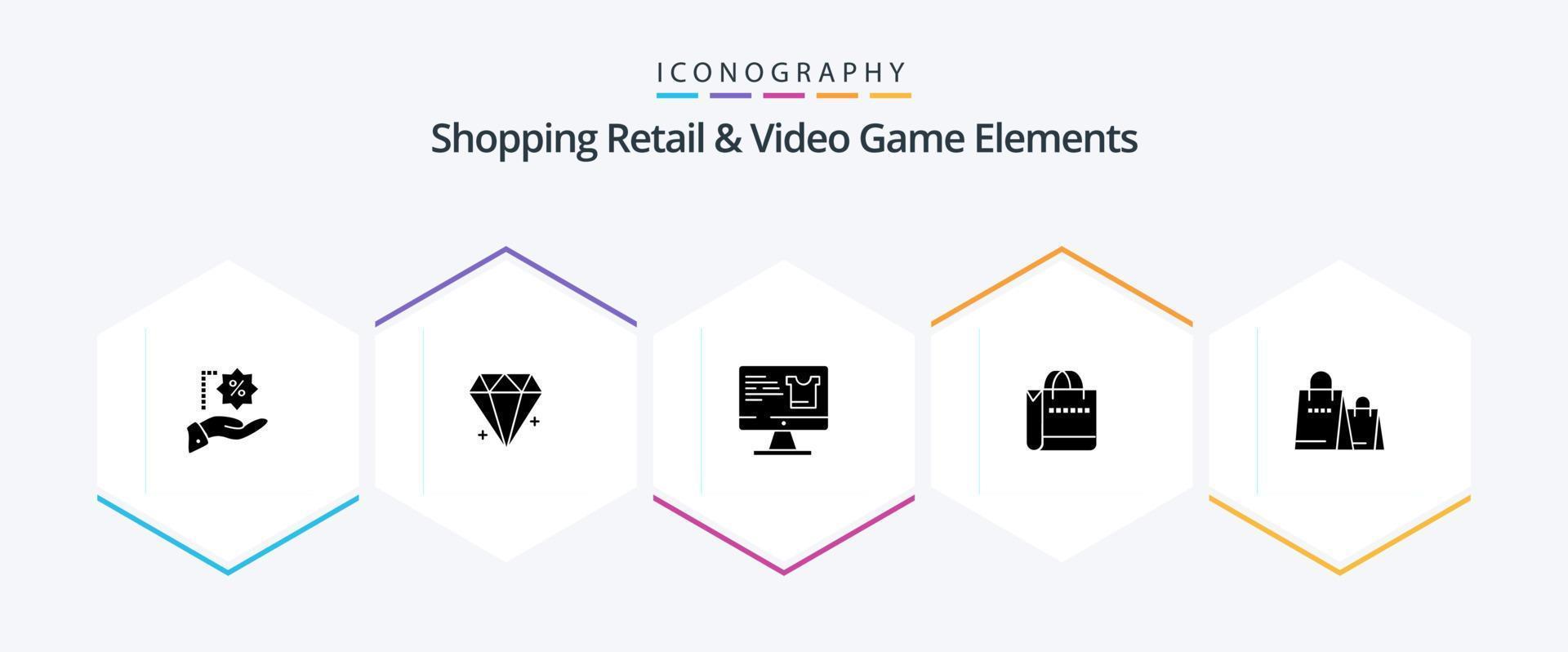 shoping varejo e elementos de videogame pacote de ícones de 25 glifos incluindo . fazer compras. computador . Shopping. saco vetor