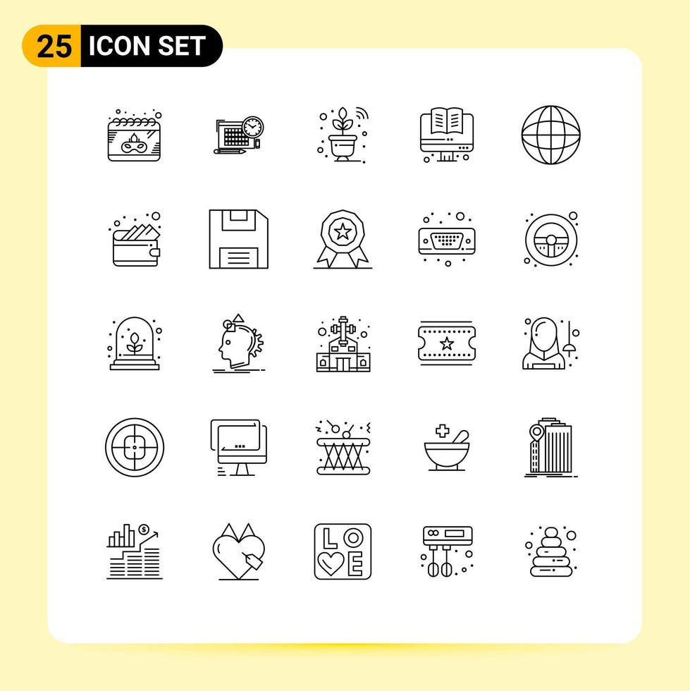 Pacote de linha de interface de usuário de 25 sinais e símbolos modernos da planta de internet do reprodutor de mídia de volta à escola elementos de design de vetores editáveis on-line