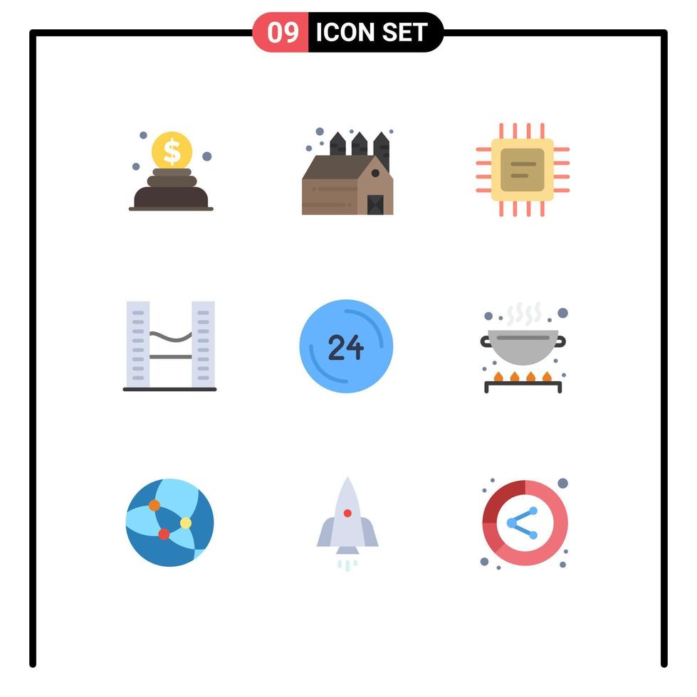9 cores planas de vetores temáticos e símbolos editáveis de entre em contato conosco processador de relógio chamar torres gêmeas elementos de design de vetores editáveis