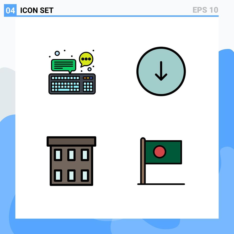 pacote de linha vetorial editável de 4 cores planas de linha preenchida simples de teclado de construção de bate-papo para baixo elementos de design de vetores editáveis de negócios