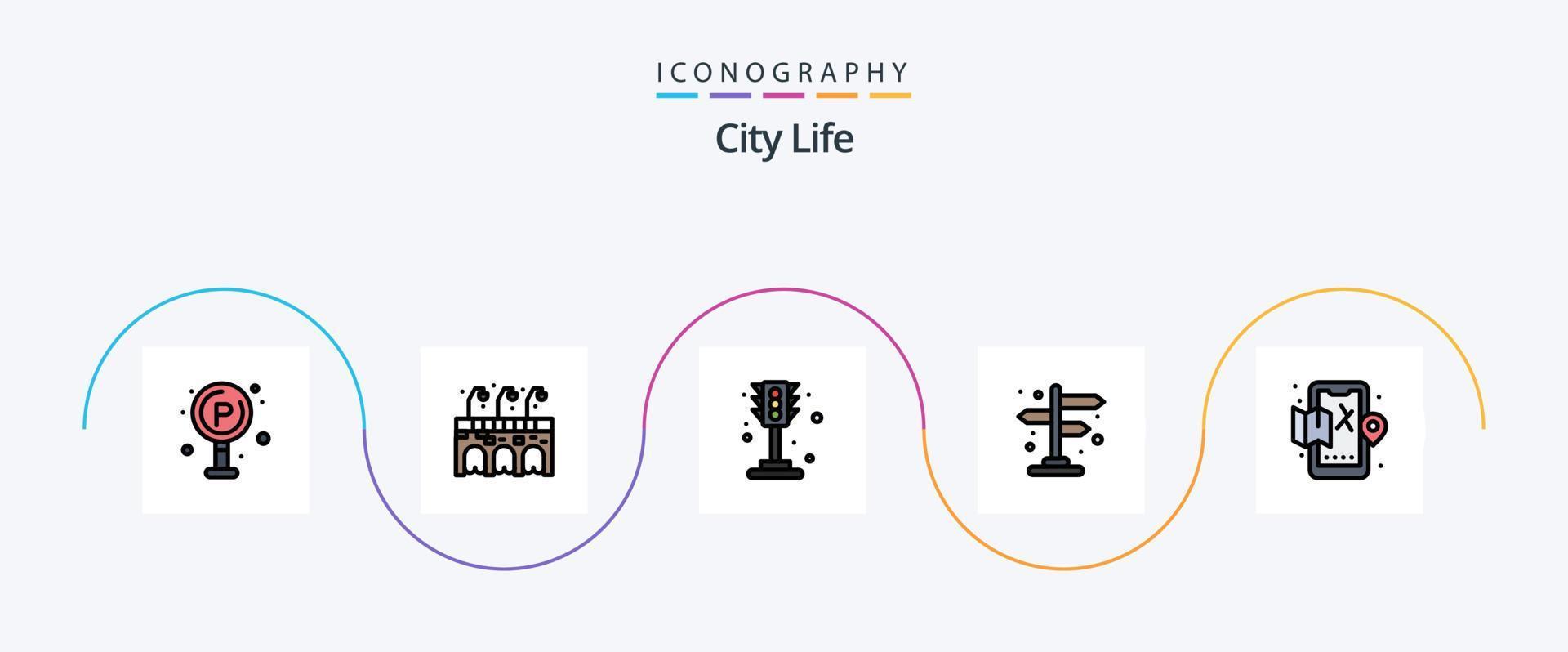 linha de vida da cidade preenchida com 5 ícones planos, incluindo mapa. cidade. vida. Móvel. direção vetor