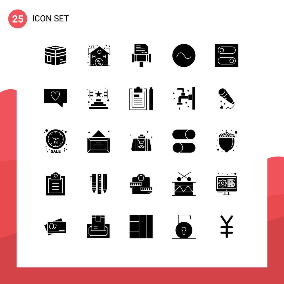 conjunto de glifos sólidos de interface móvel de 25 pictogramas de elementos de design de vetores editáveis de onda de controle de alternância