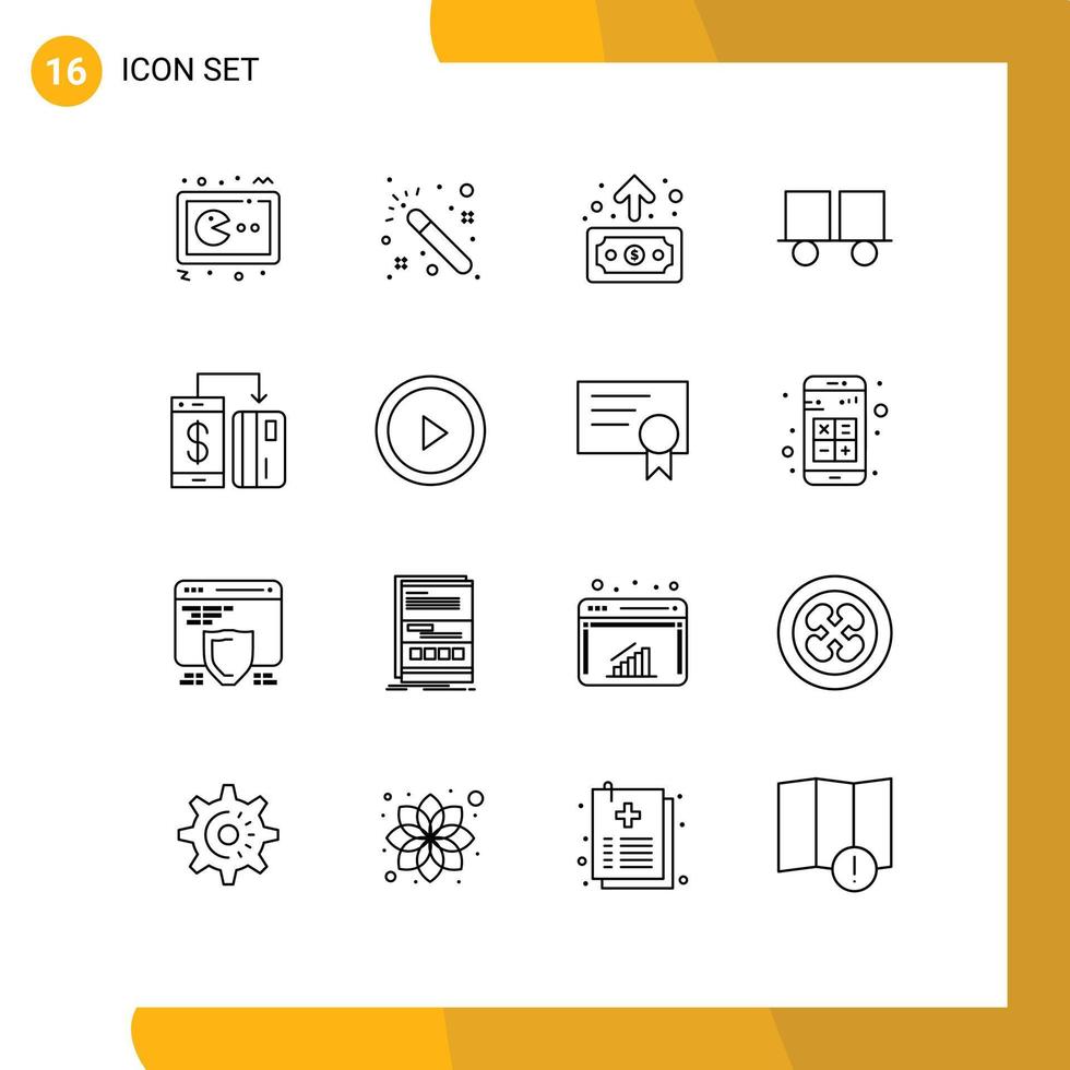 conjunto de esboço de interface móvel de 16 pictogramas de empilhadeira sem dinheiro empilhadeira de negócios lagarta veículos editáveis elementos de design vetorial vetor