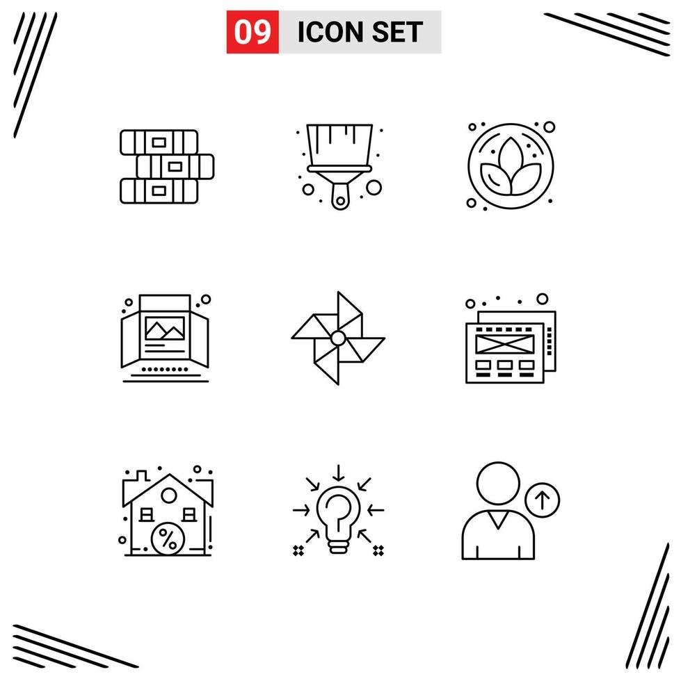 conjunto moderno de 9 contornos e símbolos, como design de maquete, vento, sauna, impressão de primavera, anúncio editável, elementos de design vetorial vetor