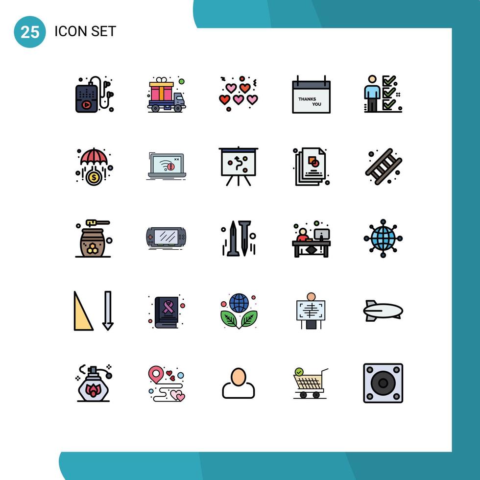 25 interface de usuário linha cheia pacote de cores planas de sinais e símbolos modernos de corações de lista de verificação de usuário elementos de design de vetores editáveis de outono de ação de graças