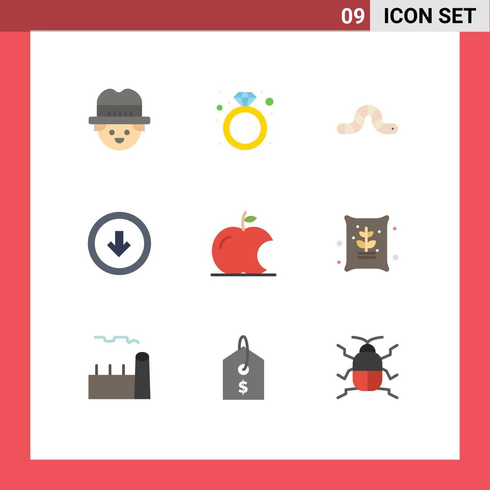 conjunto moderno de 9 cores planas e símbolos, como botão de interface de usuário de bug de frutas, elementos de design de vetores editáveis