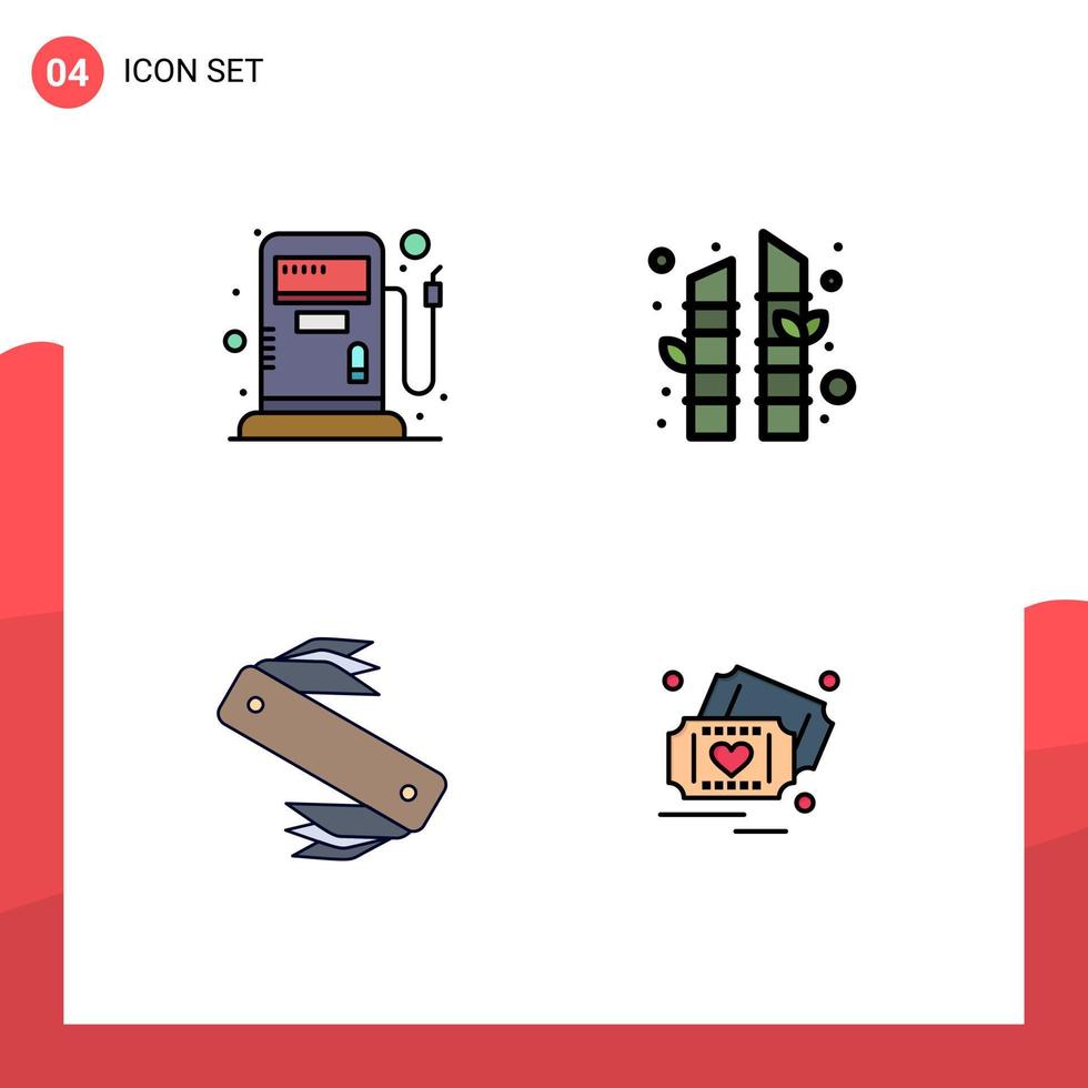 4 interface de usuário pacote de cores planas de linha cheia de sinais e símbolos modernos de elementos de design de vetores editáveis de bilhete de faca de bambu suíço de combustível