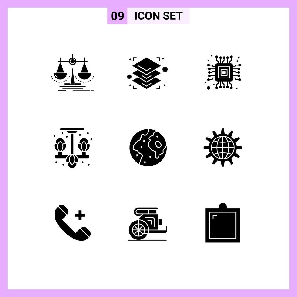 grupo de símbolos de ícone universal de 9 glifos sólidos modernos de cabide de chip de terra internacional vivendo elementos de design de vetores editáveis