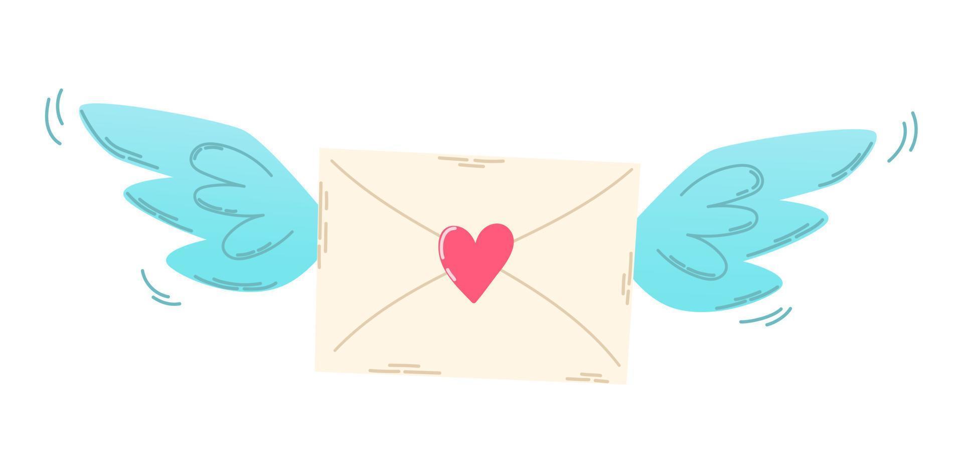 envelope de desenho animado desenhado à mão com coração e asas em estilo simples. vetor