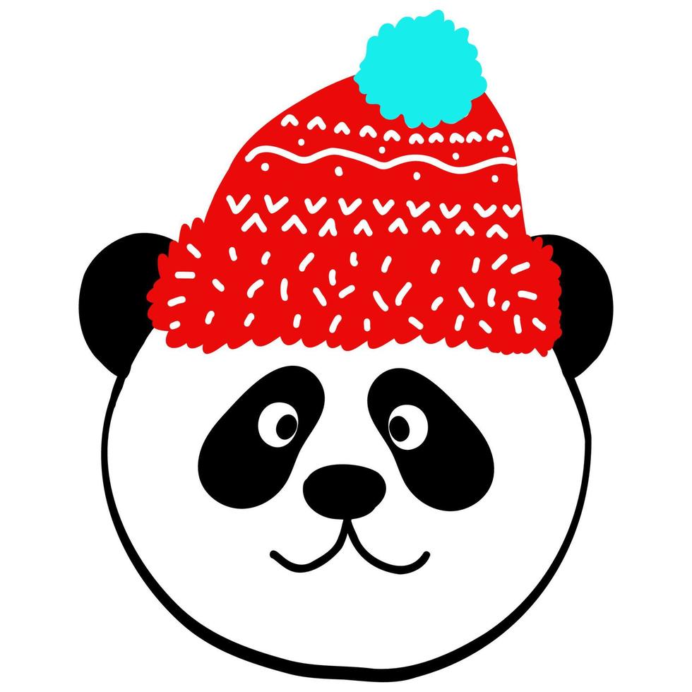 cabeça de panda sorridente fofa com chapéu de papai noel vermelho, ilustração de ano novo em estilo doodle, impressão para têxteis infantis, decoração de interiores de quarto, pôster, adesivo, logotipo, design de moda para bebês. vetor