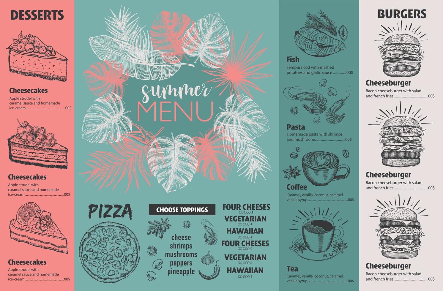 cardápio de verão. design de menu de comida de restaurante, ilustrações desenhadas à mão. panfleto de comida de vetor. vetor