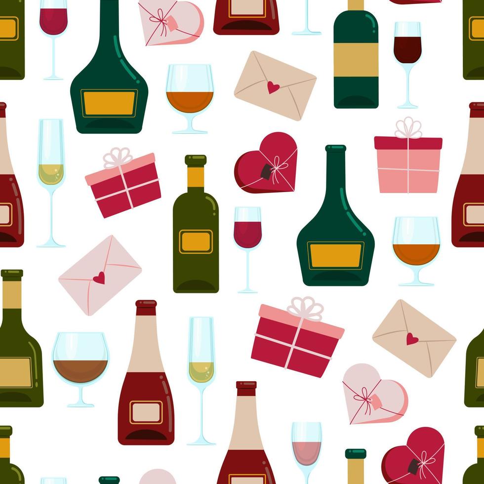 garrafas e taças de vinho e presentes sem costura padrão, padrão romântico com envelopes dia dos namorados. vetor de fundo