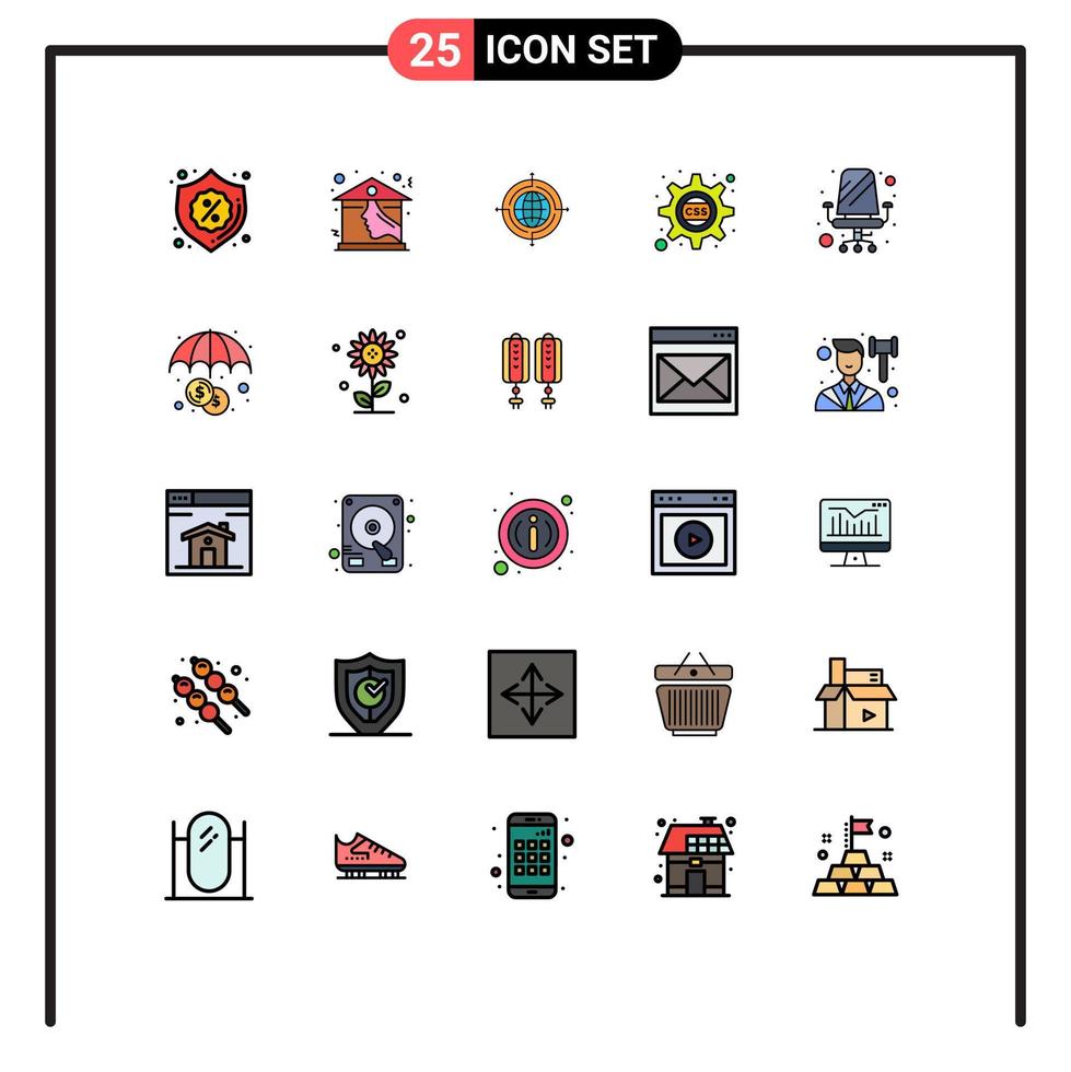grupo de 25 cores planas de linhas preenchidas modernas definidas para móveis css gear globe css elementos de design vetorial editáveis em cascata vetor