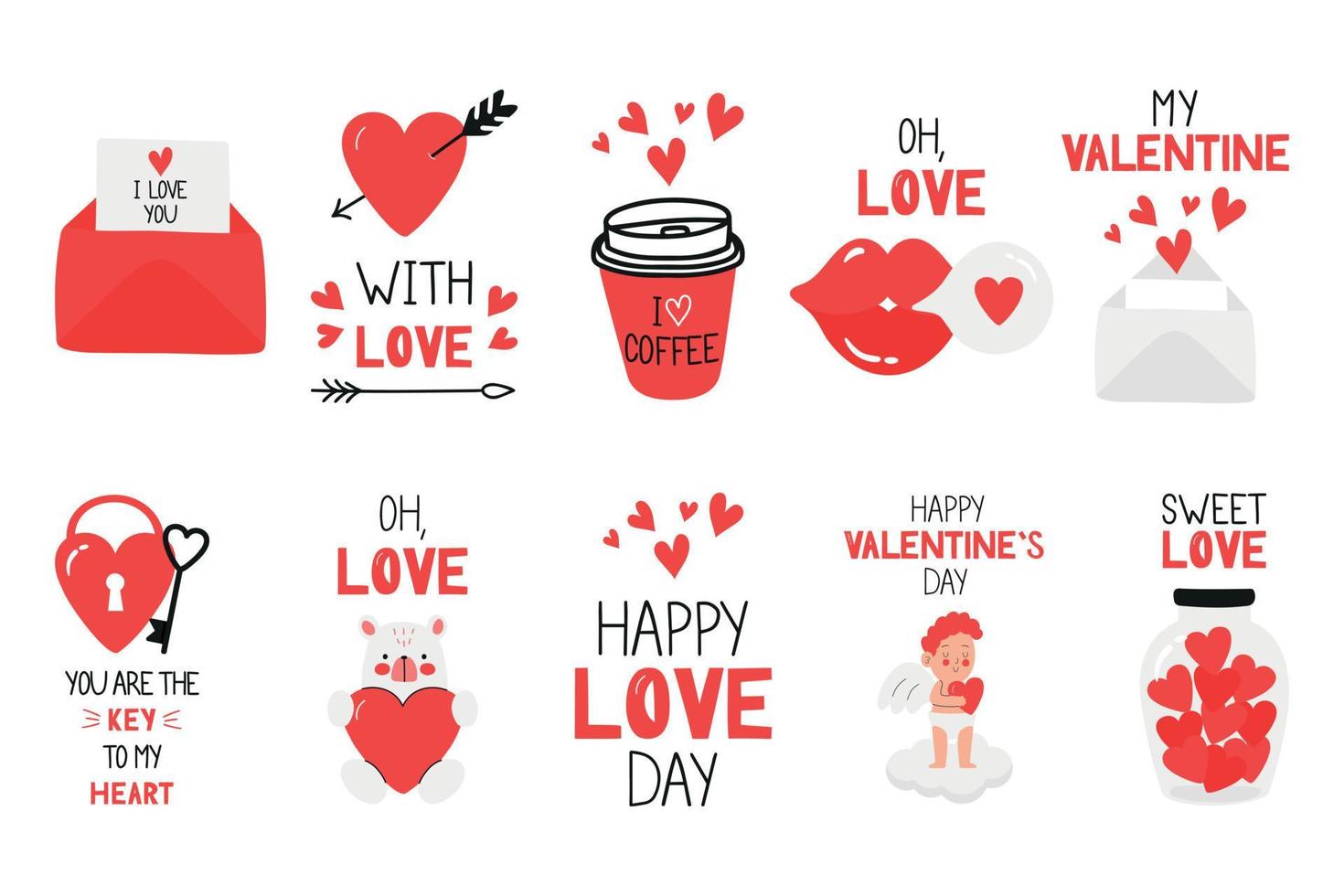 clipart de vetor de dia dos namorados com corações e mensagens românticas de amor nas cores vermelho, cinza e branco.