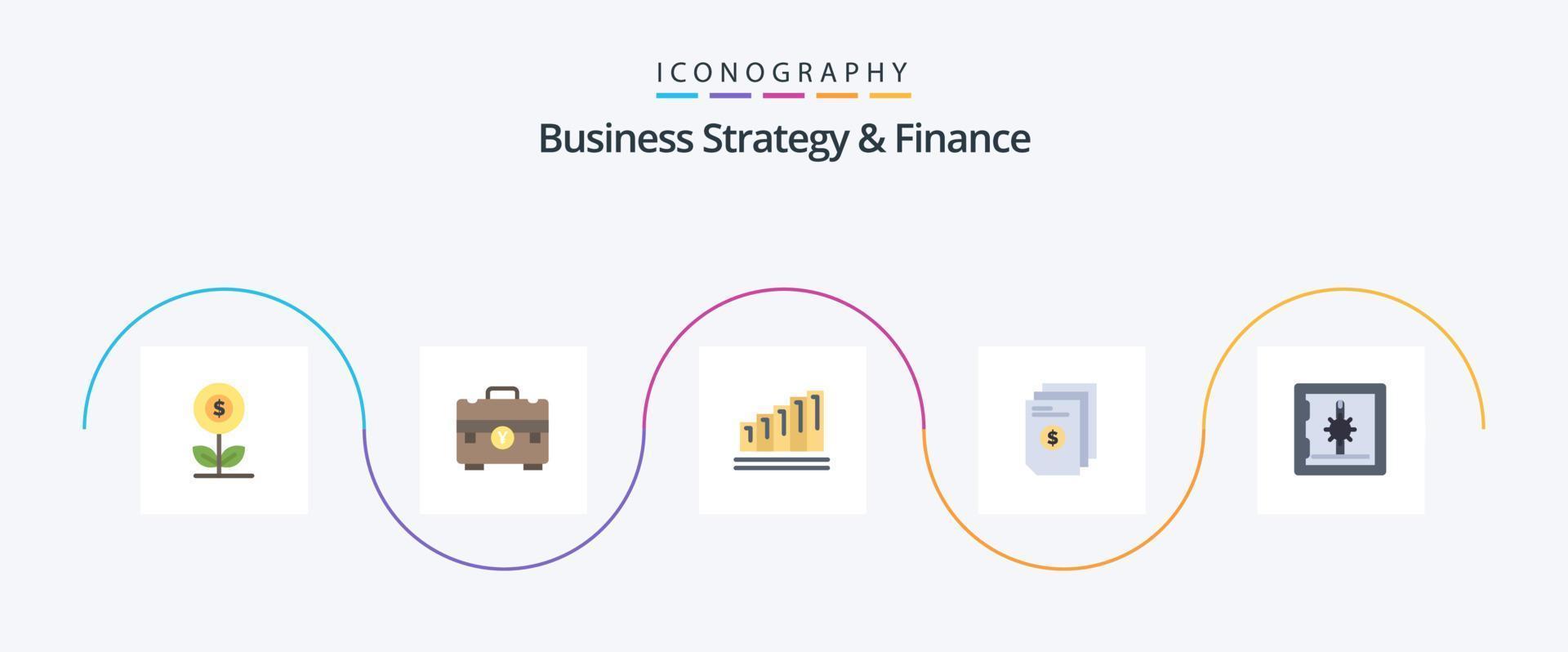 estratégia de negócios e finanças flat 5 icon pack incluindo fatura. Arquivo. Bolsa. dólar. gráfico vetor