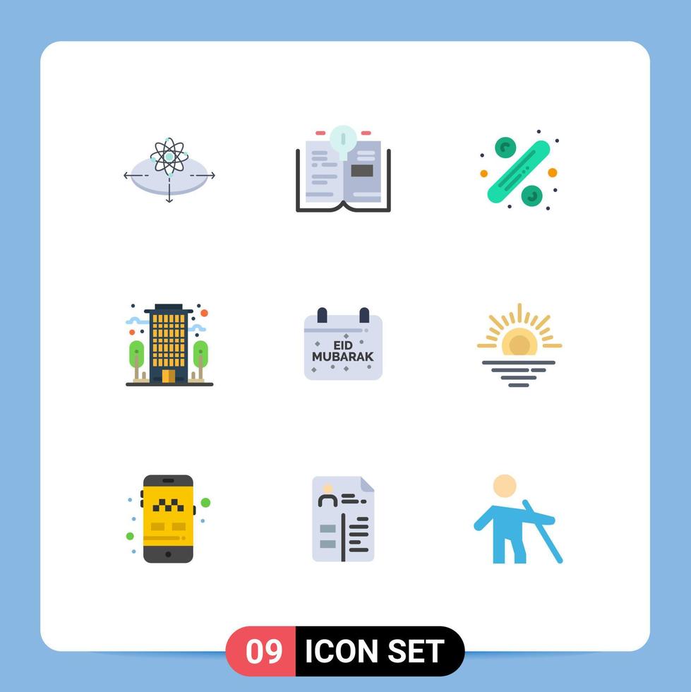 Conceito de 9 cores planas para sites móveis e aplicativos Mubarak calendário percentual edifício de escritórios elementos de design de vetores editáveis