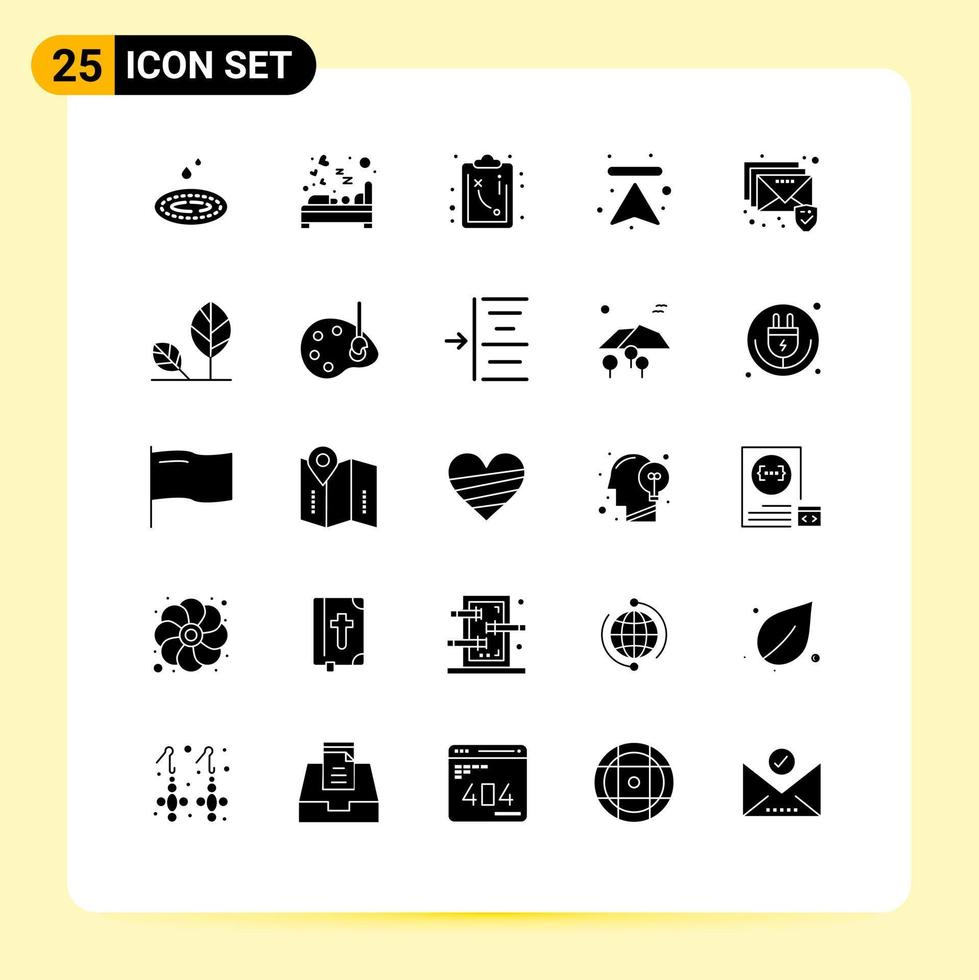 pacote de 25 glifos sólidos criativos de upload de e-mail seta para cima elementos de design de vetores editáveis
