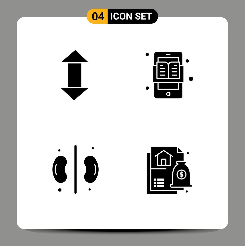 pacote de 4 glifos sólidos criativos de aplicativos de aprendizagem de cuidados de seta para baixo elementos de design de vetores editáveis