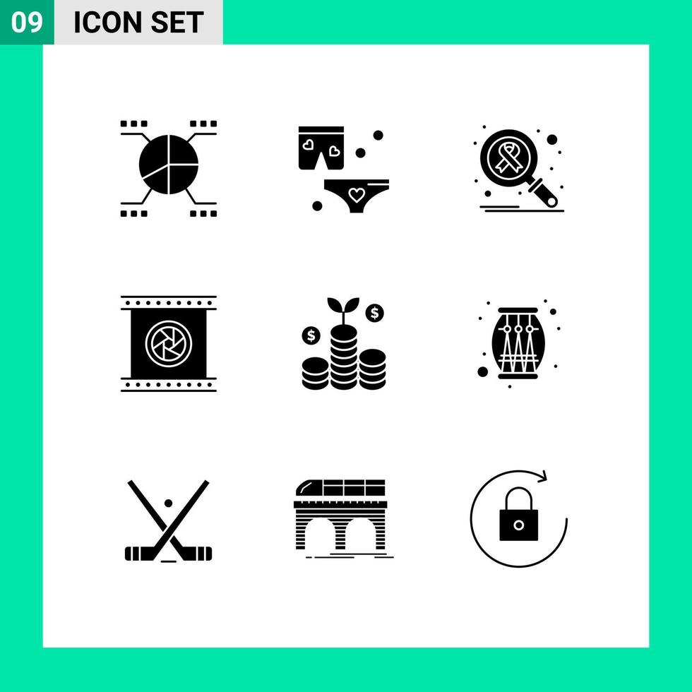 pacote de 9 glifos sólidos criativos de objetivo fotográfico de negócios infectam lentes fotográficas lentes de câmeras elementos de design vetorial editáveis vetor