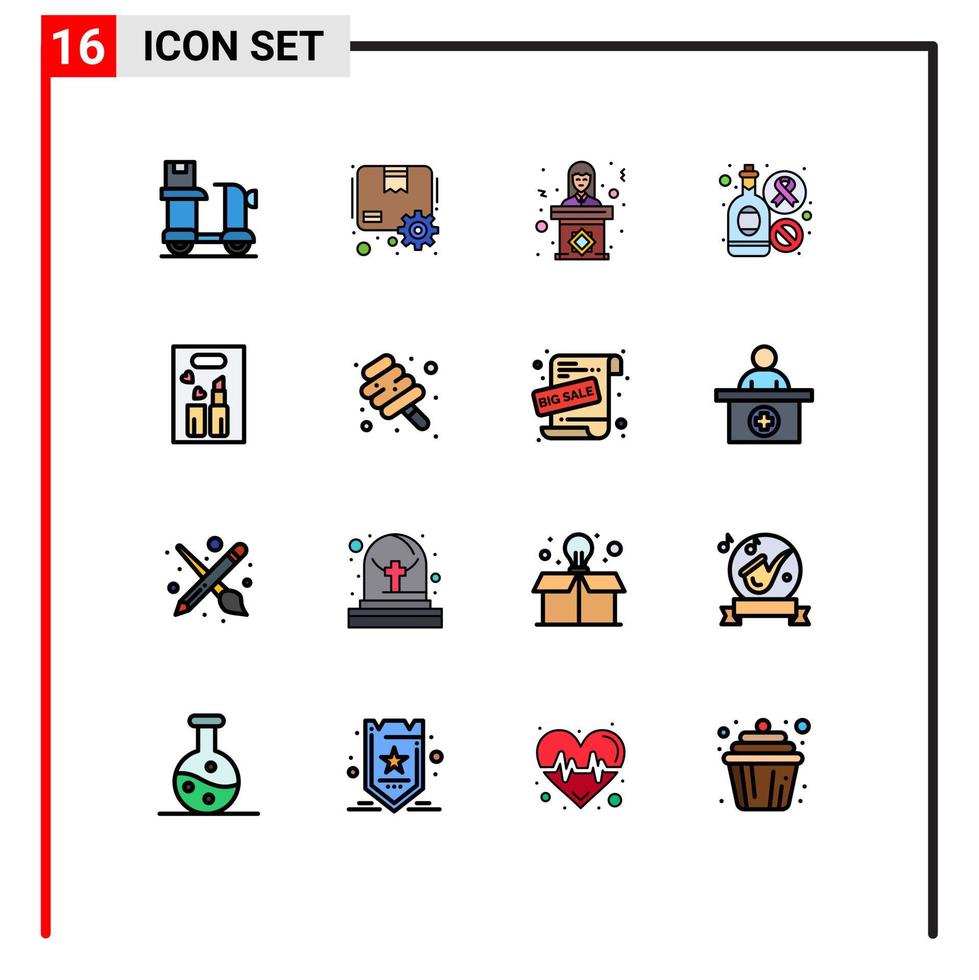 16 interface do usuário pacote de linha cheia de cores planas de sinais modernos e símbolos de garrafa de engrenagem de bebida mulher editável elementos de design de vetor criativo