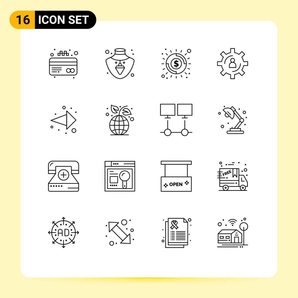 grupo de 16 contornos modernos definidos para elementos de design de vetores editáveis de pessoa de produtividade de dinheiro de seta direita