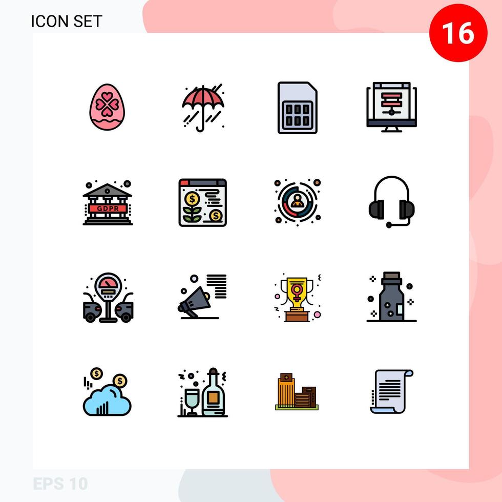 conjunto de linha preenchida de cor plana de interface móvel de 16 pictogramas de dados on-line banco de dados móvel nuvem elementos de design de vetores criativos editáveis