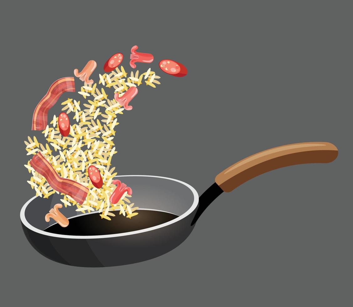 arroz frito com bacon e linguiça em uma ilustração do vetor de panela