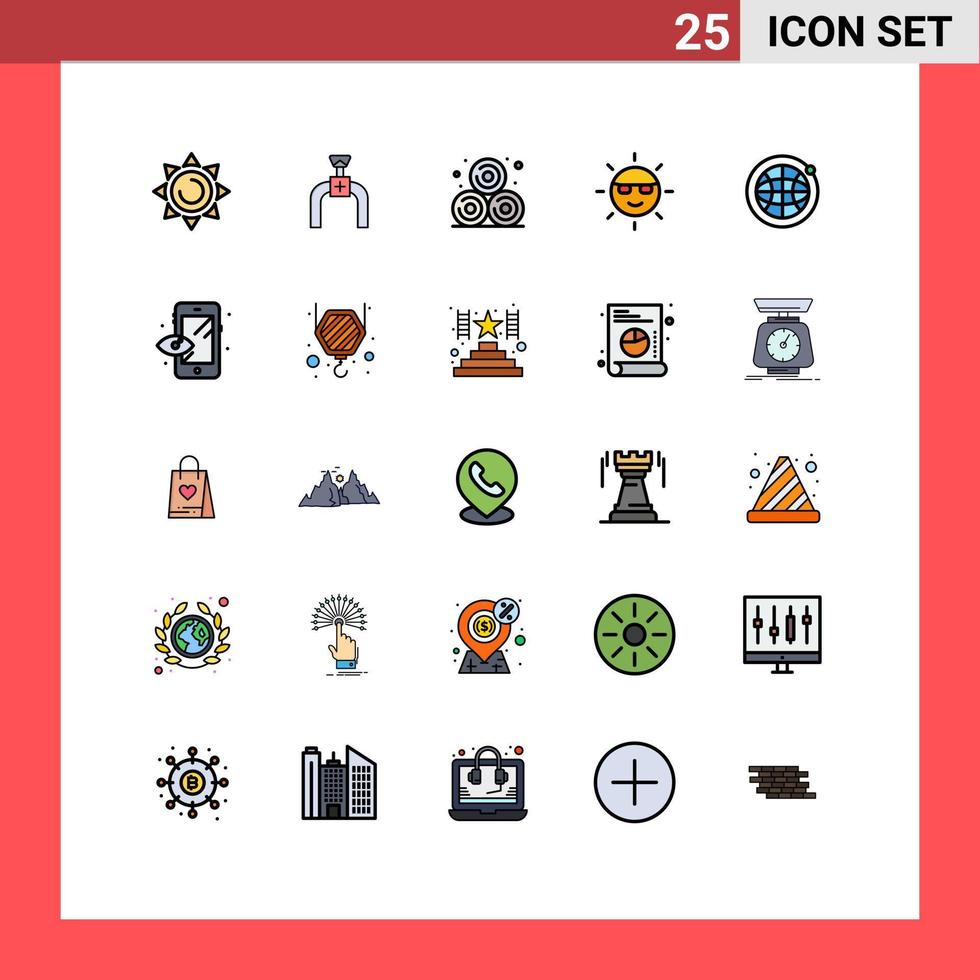 conjunto de cores planas de linha cheia de interface móvel de 25 pictogramas de elementos de design de vetores editáveis verde do poder de palha do globo mundial