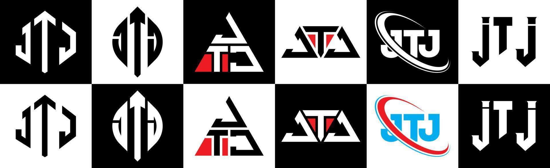 design de logotipo de carta jtj em seis estilos. polígono jtj, círculo, triângulo, hexágono, estilo plano e simples com logotipo de carta de variação de cor preto e branco definido em uma prancheta. jtj logotipo minimalista e clássico vetor