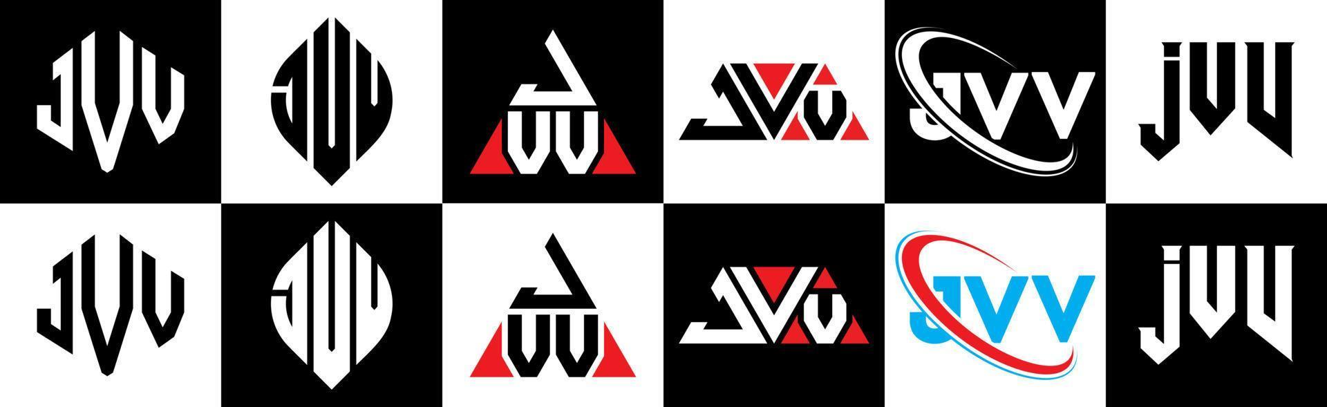 design de logotipo de carta jvv em seis estilos. polígono jvv, círculo, triângulo, hexágono, estilo plano e simples com logotipo de carta de variação de cor preto e branco definido em uma prancheta. jvv logotipo minimalista e clássico vetor