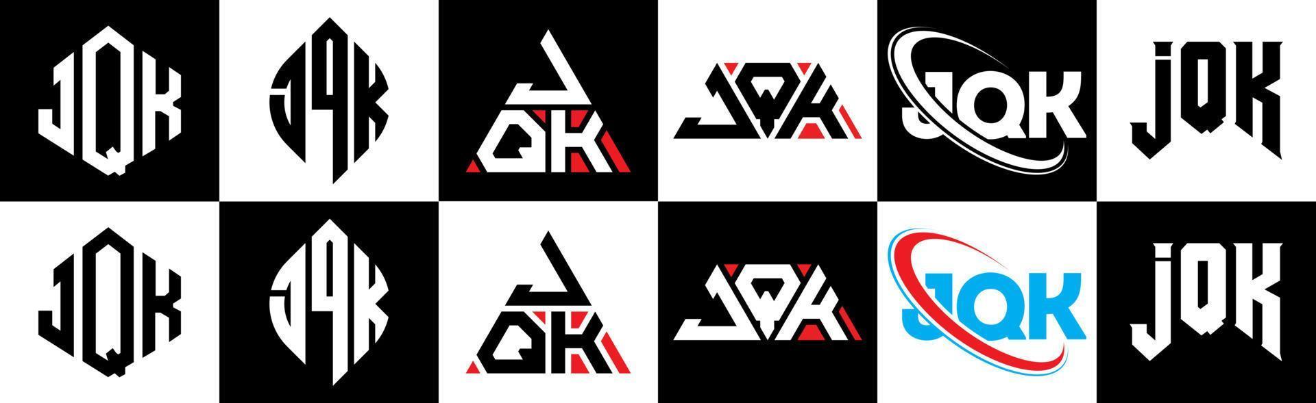 design de logotipo de letra jqk em seis estilos. polígono jqk, círculo, triângulo, hexágono, estilo plano e simples com logotipo de carta de variação de cor preto e branco definido em uma prancheta. logotipo minimalista e clássico jqk vetor