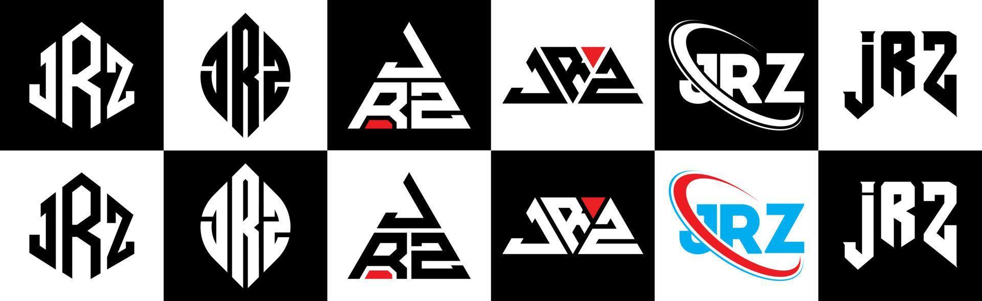 design de logotipo de carta jrz em seis estilos. jrz polígono, círculo, triângulo, hexágono, estilo plano e simples com logotipo de carta de variação de cor preto e branco definido em uma prancheta. jrz logotipo minimalista e clássico vetor