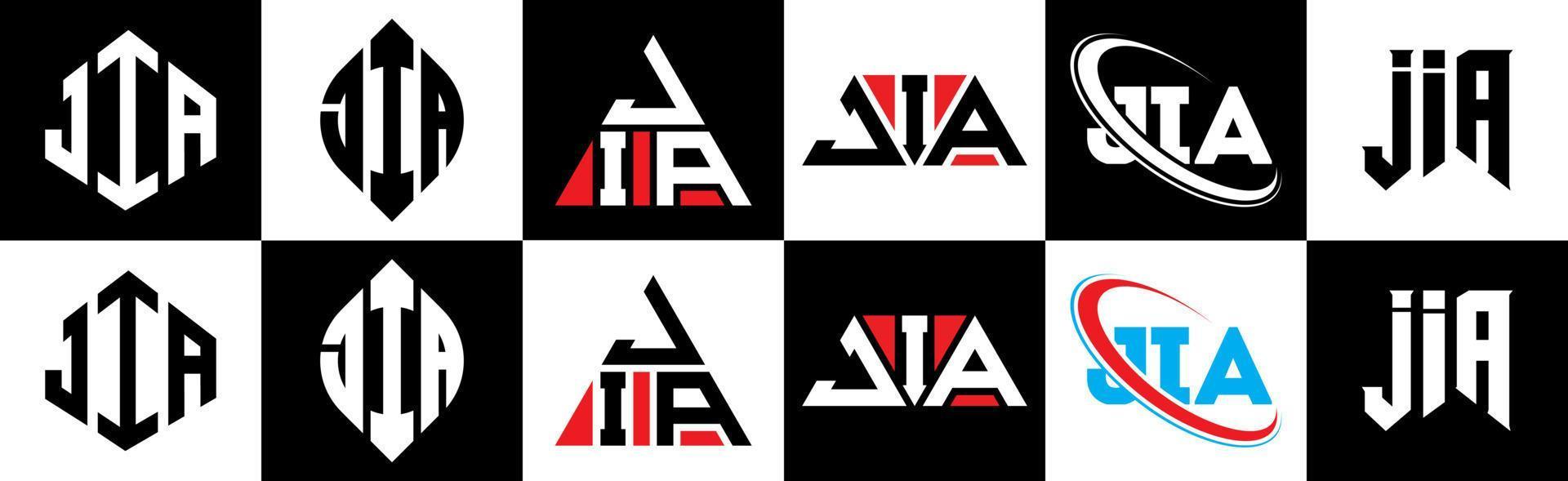 design de logotipo de carta jia em seis estilos. jia polígono, círculo, triângulo, hexágono, estilo plano e simples com logotipo de letra de variação de cor preto e branco definido em uma prancheta. jia logotipo minimalista e clássico vetor