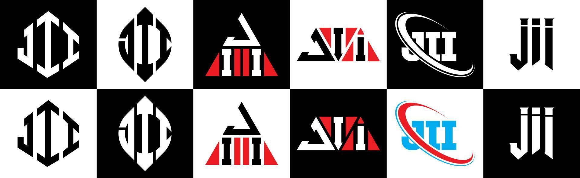 design de logotipo de letra jii em seis estilos. polígono jii, círculo, triângulo, hexágono, estilo plano e simples com logotipo de carta de variação de cor preto e branco definido em uma prancheta. jii logotipo minimalista e clássico vetor