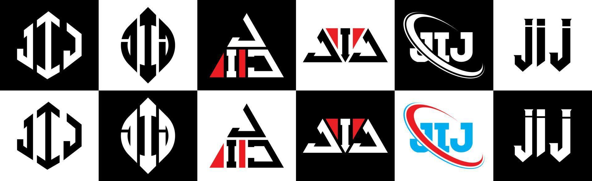 design de logotipo de letra jij em seis estilos. jij polígono, círculo, triângulo, hexágono, estilo plano e simples com logotipo de carta de variação de cor preto e branco definido em uma prancheta. jij logotipo minimalista e clássico vetor