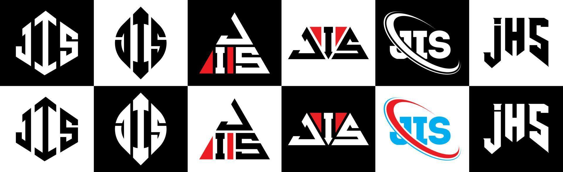 design de logotipo de carta jis em seis estilos. jis polígono, círculo, triângulo, hexágono, estilo plano e simples com logotipo de carta de variação de cor preto e branco definido em uma prancheta. jis logotipo minimalista e clássico vetor