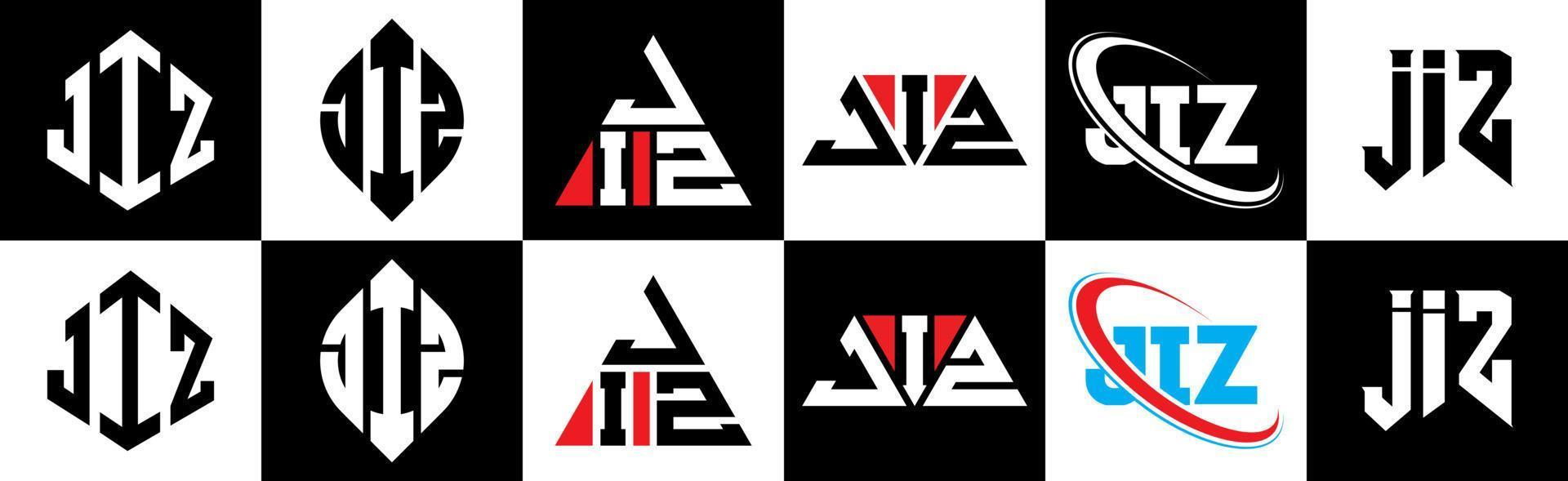 design de logotipo de carta jiz em seis estilos. jiz polígono, círculo, triângulo, hexágono, estilo plano e simples com logotipo de carta de variação de cor preto e branco definido em uma prancheta. jiz logotipo minimalista e clássico vetor