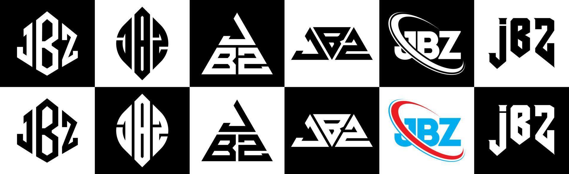 design de logotipo de letra jbz em seis estilos. jbz polígono, círculo, triângulo, hexágono, estilo plano e simples com logotipo de carta de variação de cor preto e branco definido em uma prancheta. jbz logotipo minimalista e clássico vetor