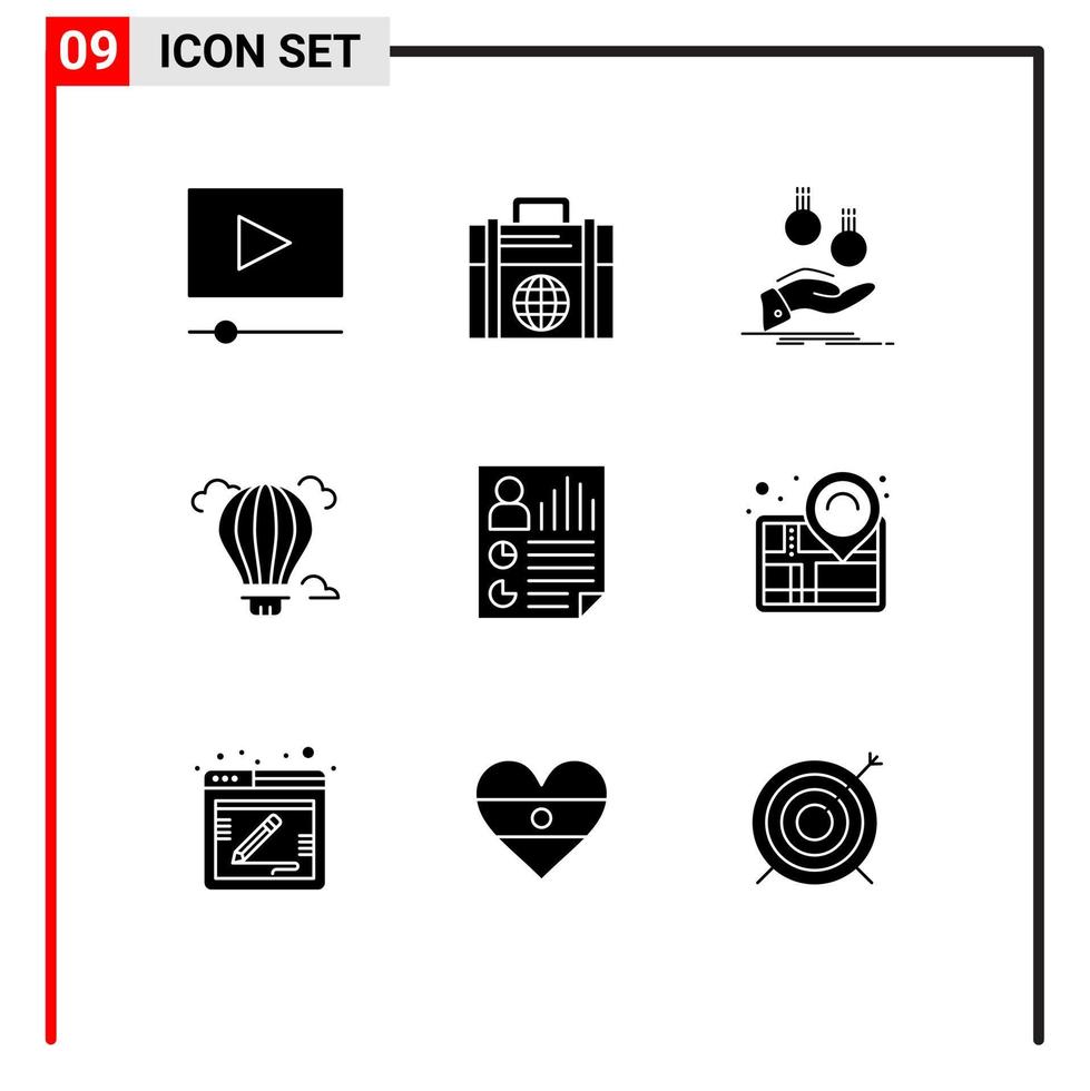 pacote de 9 sinais e símbolos de glifos sólidos modernos para mídia impressa na web, como elementos de design vetorial editáveis de balão de ar de mão quente vetor