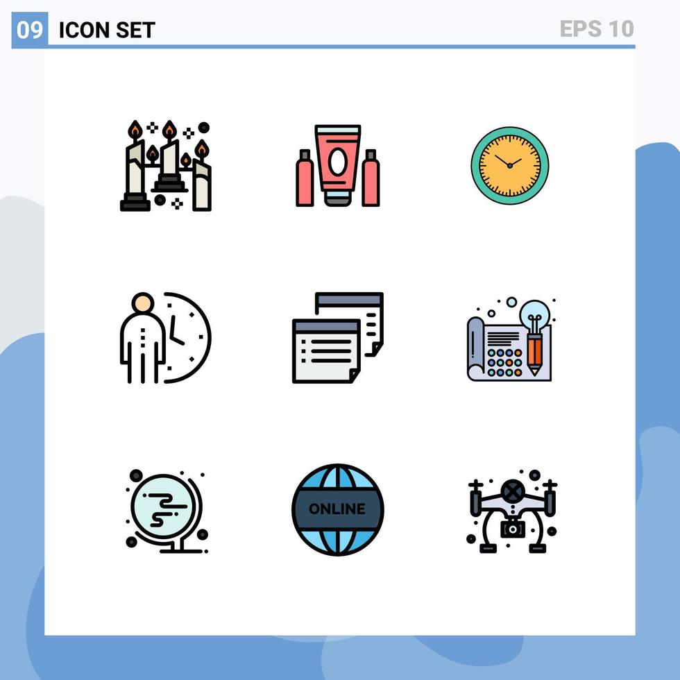 conjunto de pictogramas de 9 cores planas de linhas preenchidas simples de elementos de design de vetores editáveis de relógio de gerenciamento de tempo de otimização de nota