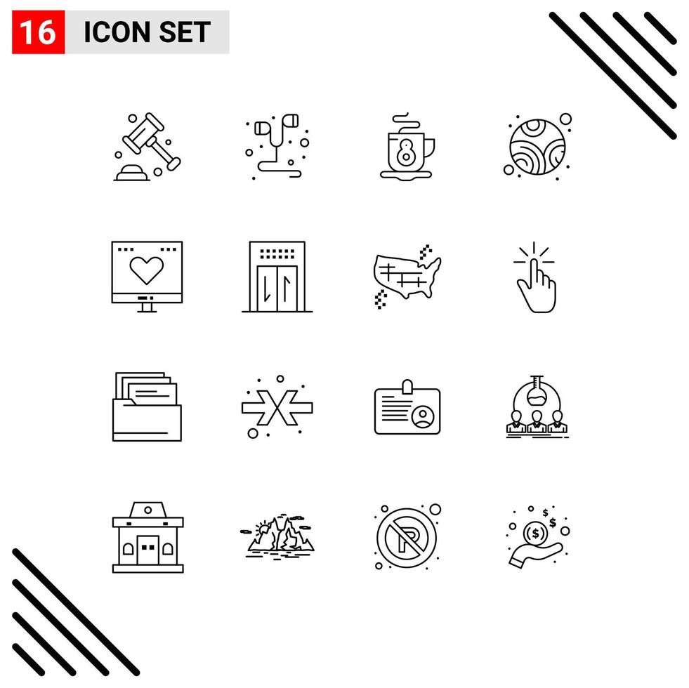 conjunto de esboço de interface móvel de 16 pictogramas de elementos de design de vetores editáveis do planeta favorito das finanças do amor