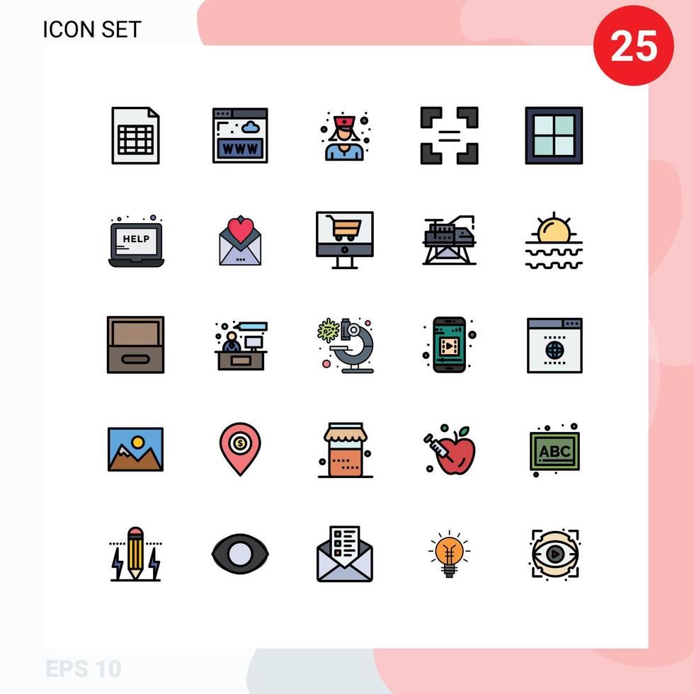conjunto de cores planas de linha cheia de interface móvel de 25 pictogramas de elementos de design de vetores editáveis iguais para casa de enfermeira