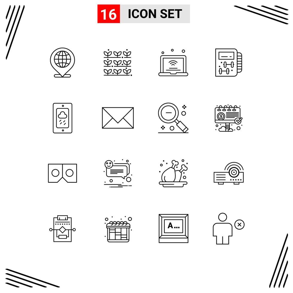 pacote de 16 sinais e símbolos de contornos modernos para mídia impressa na web, como elementos de design de vetores editáveis de academia de laptop saudável móvel