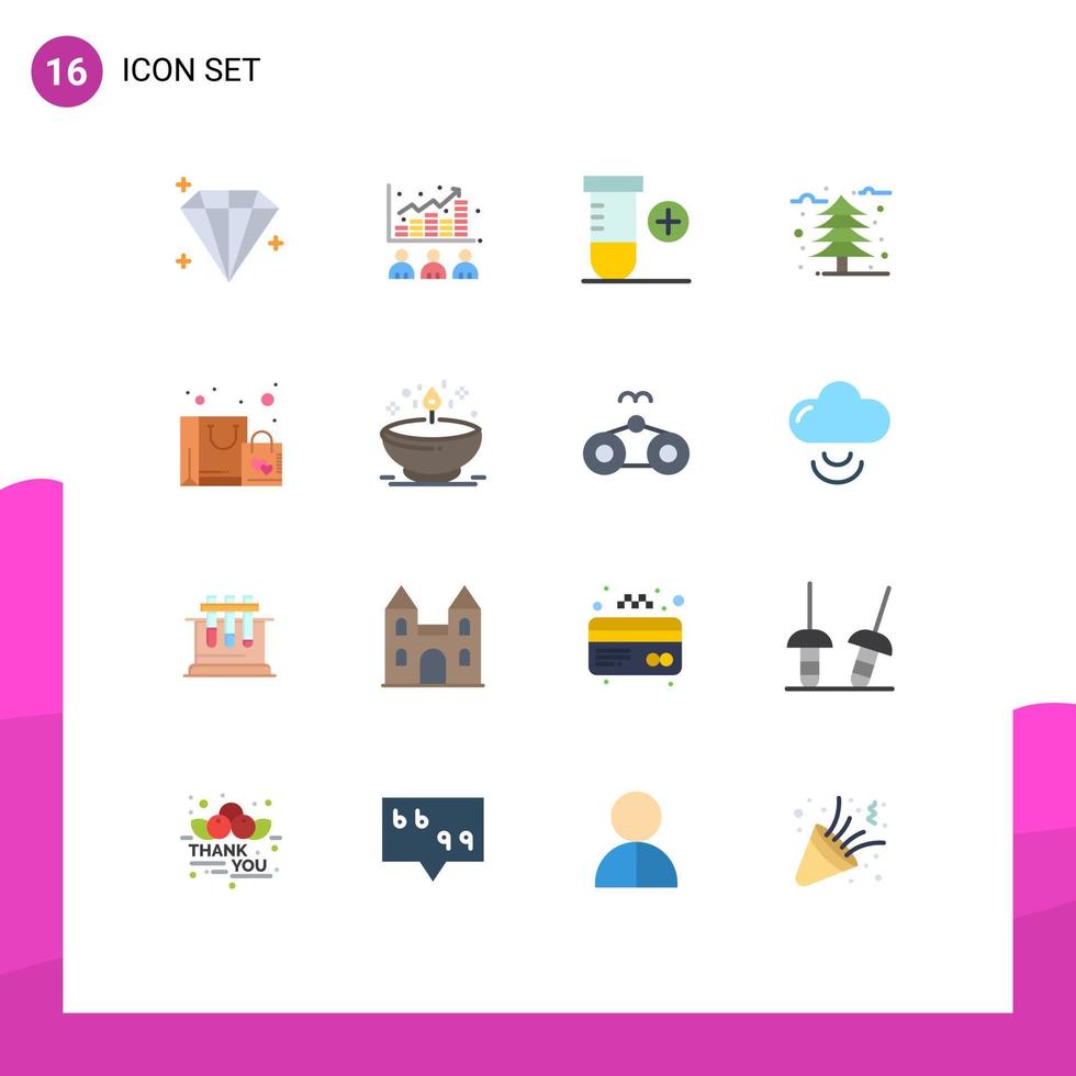 pacote de 16 sinais e símbolos modernos de cores planas para mídia impressa na web, como sacola de compras, adicionar pacote editável de árvore fria de elementos de design vetorial criativo vetor
