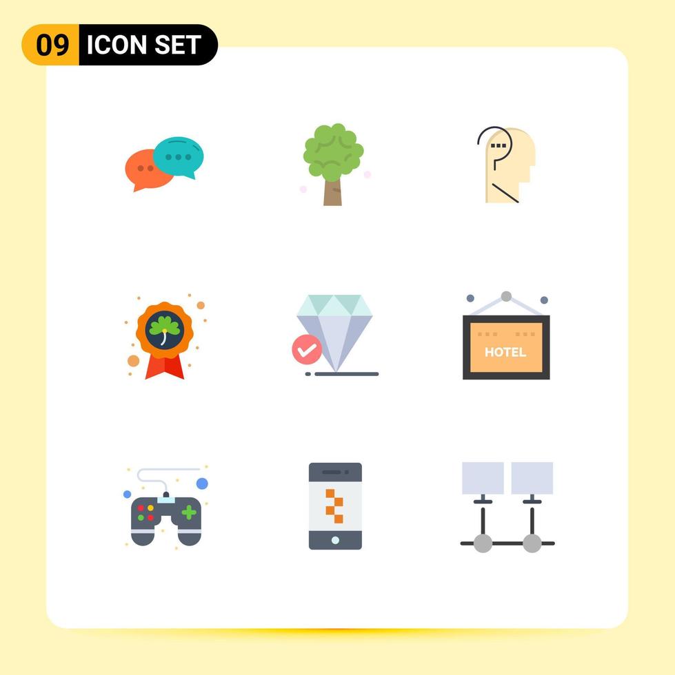 conjunto de cores planas de interface móvel de 9 pictogramas de distintivo patrick folha de primavera pergunta elementos de design de vetores editáveis